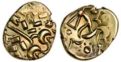 Celtic Coins (x) Celtic, Corieltauvi (mid to late 1st century BC), gold Stater, 5.54g, crude laureate head, wreath with leaves inwards, rev. disjointed horse left , triangular head, anchor symbol abov