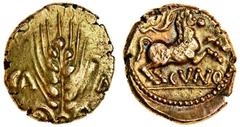 Celtic Coins Celtic, Catuvellauni, Cunobelin (early 1st century AD to c. 40 AD), gold Stater, 5.48g, corn ear, with centre stalk, dividing ca-mv, rev. horse right, branch above, cvno on exergal line (