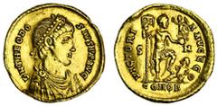 Ancient Coins-Roman Gold Theodosius I (AD 379-395), AV Solidus, 4.39g, Sirmium (?), c.393-395, pearl-diademed, draped and cuirassed bust right, DN THEODO-SIVS PF AVG, rev. VICTORI-A AVGG, Theodosius i