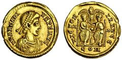 Ancient Coins-Roman Gold Arcadius (AD 383-408), AV Solidus, 4.45g, Mediolanum (Milan), pearl-diademed, draped and cuirassed bust right, DN ARCADI-VS PF AVG, rev. VICTORI-A AVGG, Arcadius and Honorius 