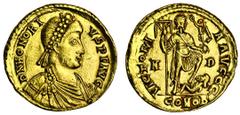 Ancient Coins-Roman Gold Honorius (AD 393-423), AV Solidus, 4.31g, Mediolanum (Milan), c.395-402, pearl-diademed, draped and cuirassed bust right, DN HONORI-VS PF AVG, rev. VICTORI-A AVGGG, Honorius s