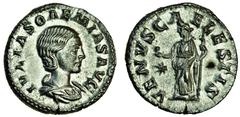 Ancient Coins-Roman Silver Julia Soaemias, mother of Elagabalus, AR Denarius, 220-222, draped bust right, rev. venvs caelestis, Venus standing half left, holding apple and sceptre, star on left (RIC 2