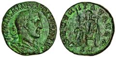 Ancient Coins-Roman Bronze Gordian I, Africanus (AD 238), AE Sestertius, laureate, draped and cuirassed bust right, rev. secvritas avgg sc, Securitas seated left, holding sceptre (RIC 11; BMC 12; RCV 