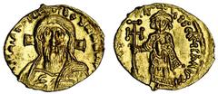 Ancient Coins-Byzantine Justinian II (1st reign, 685-695), AV Tremissis, 1.41g, Constantinople, bust of Christ facing, cross behind head, right hand raised in benediction, left holding book of Gospels