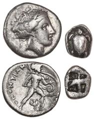 Ancient Coins Aigina (c.480-457 BC), AR Obol, .93g, turtle, rev. incuse square of skew" pattern (cf. BMC 135), well centred, about very fine, together with Central Greece, Lokris Opuntioi (c.369-338 B