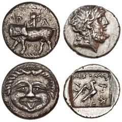 Ancient Coins Mysia, Parium (4th cent. BC), AR Hemidrachm, 2.17g, bull standing left, head turned back, A/PI, symbol above, figure bandishing spear (?), rev. gorgoneion (BMC - ; SNG France -), toned, 