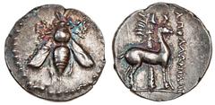Ancient Coins Ionia, Ephesos (c.202-150 BC), AR Drachm, 4.16g, bee, E -, rev. stag standing right, palm-tree in background, magistrate AONIH (BMC -; Head p.57; Hunterian 12), toned, very fine.