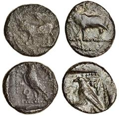Ancient Coins Cyprus, Paphos (c.450-425 BC), AR Diobol, 1.51g, bull standing left, winged solar disk above, olive-spray behind (mostly off flan), rev. eagle standing left, ankh (?) before, all within 