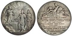 World Coins France, inauguration du pont Alexandre III 1900, silvered bronze medal by F Razumny and J-B Daniel-Dupuis, allegorical figures of Russia and France, Peace indicating head of Alexander III 
