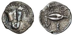 Ancient Sicily, Leontinoi (c.460 BC), AR Hemiobol, 0.28g, lion's scalp facing, rev. EON (retrograde), barley-grain (Grose McClean 2325), toned, good fine, reverse very fine, rare.