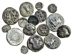 Ancient Greek silver coins (16), comprising Massilia, Obol, 4th cent. BC, male head left, rev. MA, wheel, Byzantium, Siglos, c.340-320 BC, bull standing left on dolphin, rev. incuse mill-sail punch, I