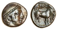 Ancient Coins Thrace, Ainos (c.427-424 BC), AR Diobol, 1.31g, head of Hermes right, wearing petasos, rev. AIN, goat standing right, stylised vine-tendril before (May 194), cabinet tone, very fine. Sea