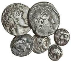 Ancient Coins Miscellaneous Greek silver, comprising Achaean League, Hemidrachm, 2.15g of Pallantion (early 1st cent. BC), laureate head of Zeus right rev. A around AX monogram, trident-head and monog