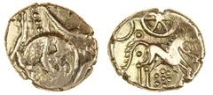 Celtic Tokens Iceni, uninscribed coinage (c. 50-40BC), gold Stater, 5.45g, three-petalled floral motif on pelleted cross, curved lines in angles, rev. horse right, pellet rosette below, big wheel abov