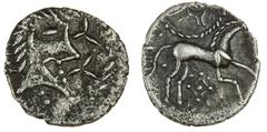 Celtic Tokens Iceni, uninscribed coinage, (c. 30-10BC), silver Unit, 1.02g, male head right, trefoils before, rev. horse right, concave lozenge with central pellet below (VA 794; ABC 1567; S.434), sli