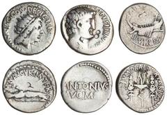 Ancient Coins Mark Antony, AR Denarius, Athens, 38 BC, Mark Antony standing right, wearing priestly robes and holding lituus, M [ANTONIVS M F] M N AVGVR IMP TERT, rev. III VIR R P C COS DESIG ITER ET 