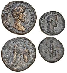 Ancient Coins Lucius Verus (AD 161-169), AE Sestertius, Rome, laureate, cuirassed bust right, rev. CONCORD AVGVSTOR TR P, COS II, Marcus Aurelius and Lucius Verus, both togate, clasping hands, sc in e