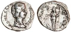 Ancient Coins Manlia Scantilla, wife of Didius Julianus, AR Denarius, draped bust right, rev. IVNO REGINA, Juno standing left, peacock at feet, holding patera and sceptre (RIC 7; BMC11; RSC 2), rare, 