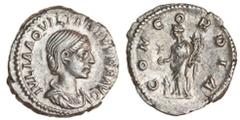 Ancient Coins Aquilia Severa, second wife of Elagabalus, AR Denarius, draped bust right, rev. CONCORDIA, Concordia standing left, sacrificing from patera over altar, and holding double cornucopia, sta