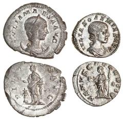 Ancient Coins Julia Soaemias, mother of Elagabalus, AR Denarius, 220-222, draped bust right, rev. VENVS CAELESTIS, Venus standing left, holding apple and sceptre, star on right (RIC 241; RSC 8), extre