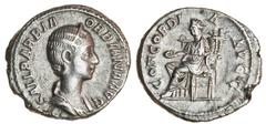 Ancient Coins Orbiana, wife of Severus Alexander, AR Denarius, 225, diademed, draped bust right, rev. CONCORDIA AVGG, Concordia seated left, holding patera and double cornucopia (RIC 319; RSC 1), scar