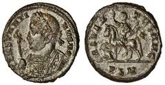 Ancient Coins Constantine the Great (AD 307-337), AE Nummus (22.6 x 23.4 mm 4.38 g 6h), London mint, CONSTANTINVS AG, Consular bust of Constantine left holding sceptre, rev. ADVENTVS AVG, Emperor ridi