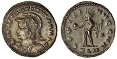 Ancient Coins Constantine the Great (AD 307-337), AE Nummus (23.1 x 23.2 mm 4.16 g 6h), London mint, CONSTANTINVS P AVG, helmeted, cuirassed bust of Constantine left, spear over right shoulder and shi