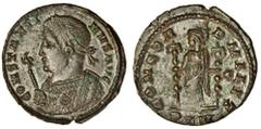 Ancient Coins Constantine the Great (AD 307-337), AE Nummus (22.8 x 22.5 mm 4.18 g 6h), London mint, CONSTANTINVS AVG, laureate, trabeate bust of Constantine left, right hand holding eagle tipped scep