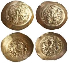 Ancient Coins Michael VII (AD 1071-1078), Electrum Histamenon, 4.35g, facing bust of Christ, holding book of Gospels, rev. crowned bust of Michael facing, wearing loros and holding labarum and cross o