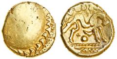 Celtic, Gallo-Belgic, imported coinage, (c.60-20 BC), gold Stater, 6.02g, 'Gallic War Uniface' type, blank except for crescent-shaped band across 50% of periphery, rev. horse right, abstract rider abo