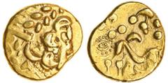 Celtic, Sills Cf insular coinage, (c.80-50 BC), gold Stater, 6.46g, degraded profile of Apollo right, rev. horse right, abstract rider above with numerous large pellets, eye with pellet border behind 