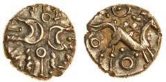 Celtic, Belgae, uninscribed coinage, (c.60-20 BC), gold Quarter Stater, 1.00g, 'Winchester Cross Wreath' type, two opposing crescents at centre of crossed wreath, symbols in quarters, rev. horse right
