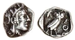 Ancient Coins-Greek Silver Attica, Athens (c.454-404 BC), AR Hemiobol, 0.33g, helmeted head of Athena right, rev. ae, owl standing right, head facing, two olive-leaves behind (Dewing 1609), good metal