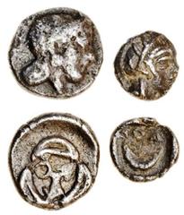 Ancient Coins-Greek Silver Attica, Athens (mid 4th cent. BC), AR Tritartemorion, 0.51g, helmeted head of Athena right, rev. ae within ring of three crescents (Dewing 1629), and a Tetartemorion, 0.16g,