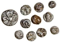 Ancient Coins-Greek Silver Mysia, Kyzikos (c.450-400 BC), AR Trihemitartemorion, 0.26g, head of Hermes right, wearing winged petasos, rev. kyzi, tunny fish (Traité 2898), Ionia, Miletos (5th cent. BC)