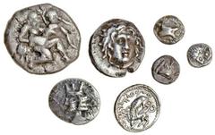 Ancient Coins-Greek Silver Caria, Euromos (c.400 BC), AR Tetartemorion, 0.23g, forepart of boar right, rev. head of Zeus right (SNG Finland 864), Uncertain Caria (5th cent. BC), AR Forty eighth stater