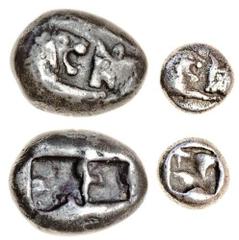Ancient Coins-Greek Silver Kingdom of Lydia, time of Kroisos (c.561-546 BC), AR Third-Stater, 3.70g, Sardes, foreparts of lion and bull confronted, rev. two incuse square punches side-by-side (Rosen 6