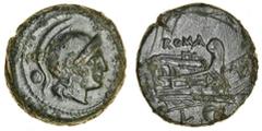 Ancient Coins-Roman Bronze Roman Republic (214-212 BC), Luceria, AE struck Uncia, 4.77g, helmeted head of Roma right, pellet behind, rev. prow right, roma above, l and pellet below (RRC 43/5; BMC (Aes