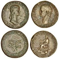 Ancient Coins-Roman Bronze Nero Claudius Drusus (9 BC), AE Sestertius, struck under his son Claudius, bare head left, rev. Claudius (?) seated left on curule chair, holding branch, amid pile of arms 