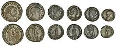 Ancient Coins-Roman Bronze Constantine I(307-337), AE Follis, as Caesar, Rome, 307, laureate head right, rev. conservatores vrb svae, Roma seated facing within hexastyle temple (RIC 164), rare, anothe