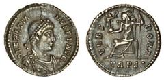Ancient Coins-Roman Silver Gratian (367-383), AR Siliqua, Trier, pearl-diademed, draped and cuirassed bust right, rev. vrbs roma, Roma seated left, holding Victory on globe, and spear, trps· in exergu