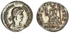 Ancient Coins-Roman Silver Valentinian II (375-392), AR Siliqua, Lugdunum, pearl-diademed, draped and cuirassd bust right, rev. vrbs roma, Roma seated left on cuirass, holding Victory on globe, and sp
