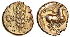Celtic Coins Celtic, Catuvellauni and Trinovantes, Cunobelin (c.AD 8-41), gold Stater, 5.36g, corn ear dividing ca-mv, rev. horse right, star and branch above, pellet in ring and c[v..] below (ABC 278