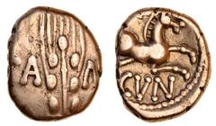 Celtic Coins Celtic, Catuvellauni and Trinovantes, Cunobelin (c.AD 8-41), gold Quarter-Stater, 1.31g, corn ear dividing ca-m[.], rev. horse left, cvn below (ABC 2810; S.292), good fine.