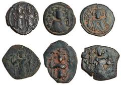 Ancient Coins-Byzantine Arab-Byzantine (c. AD 650), AE Fals, Baalbek, imitating a follis of Heraclius and Heraclius Constantine (Walker 35), another (c.685-692), Emesa, imitating a follis of Constans 