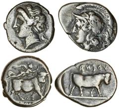 Ancient Coins Campania, Hyria (c.400-385 BC), AR Didrachm, 7.21g, head of Athena left, wearing crested helmet ornamented with owl and wreath, rev. man-headed bull walking right (SNG Copenhagen 374; De