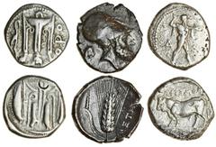 Ancient Coins Lucania, Poseidonia (c.475-450 BC), AR Stater, 7.49g, Poseidon striding right, wielding trident, behind, rev. bull left (SNG ANS 670ff), together with a Stater, 7.83g, of Metapontum (c.3