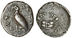 Ancient Coins Sicily, Akragas (c.510-500 BC), AR Didrachm, 8.42g, eagle standing left, akpaanto, rev. crab (SNG ANS 910), toned, very fine.
