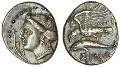 Ancient Coins Paphlagonia, Sinope (c.330-300 BC), AR Drachm, 5.89g, head of the nymph Sinope left, aplustre before, rev. in, sea-eagle on dolphin left, ape[-] on right (SNG BM 1460), attractively tone