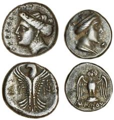 Ancient Coins Paphlagonia, Sinope (4th-3rd cents. BC), AR Hemidrachm, 2.93g, head of nymph left, rev. i - n, eagle displayed facing, monogram on right (SNG BM 1496), almost very fine, and a Hemidrachm